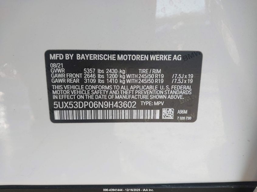 2022 BMW X3 xDrive30I VIN: 5UX53DP06N9H43602 Lot: 43941444