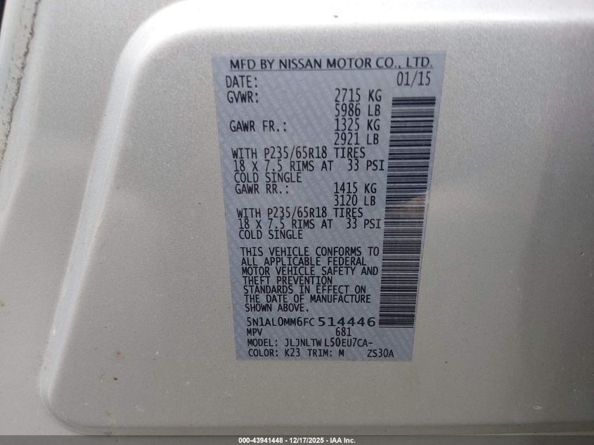 2015 Infiniti Qx60 VIN: 5N1AL0MM6FC514446 Lot: 43941448