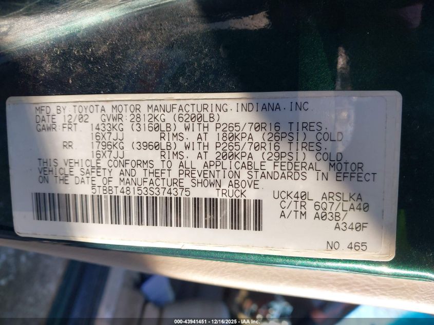 2003 Toyota Tundra Ltd V8 VIN: 5TBBT48153S374375 Lot: 43941451