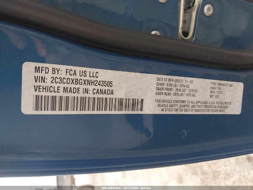 2022 Dodge Charger Sxt Rwd VIN: 2C3CDXBGXNH243505 Lot: 43941450