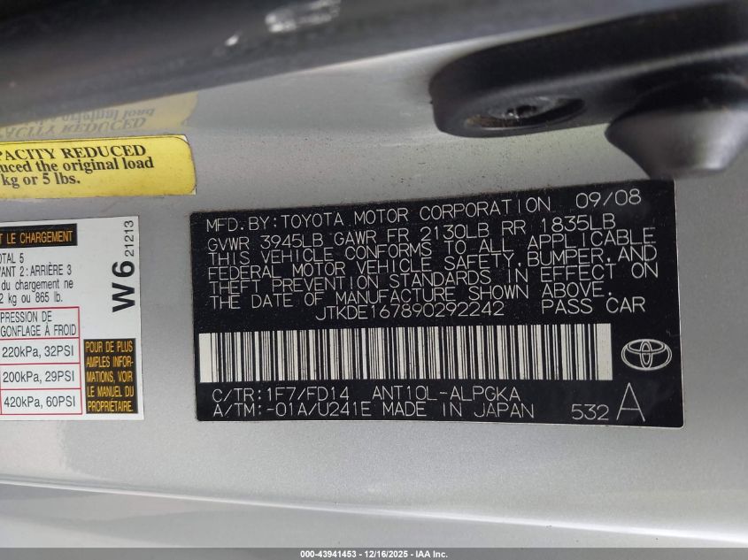 2009 Scion Tc VIN: JTKDE167890292242 Lot: 43941453