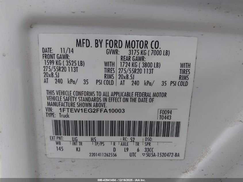 2015 Ford F-150 King Ranch VIN: 1FTEW1EG2FFA10003 Lot: 43941454