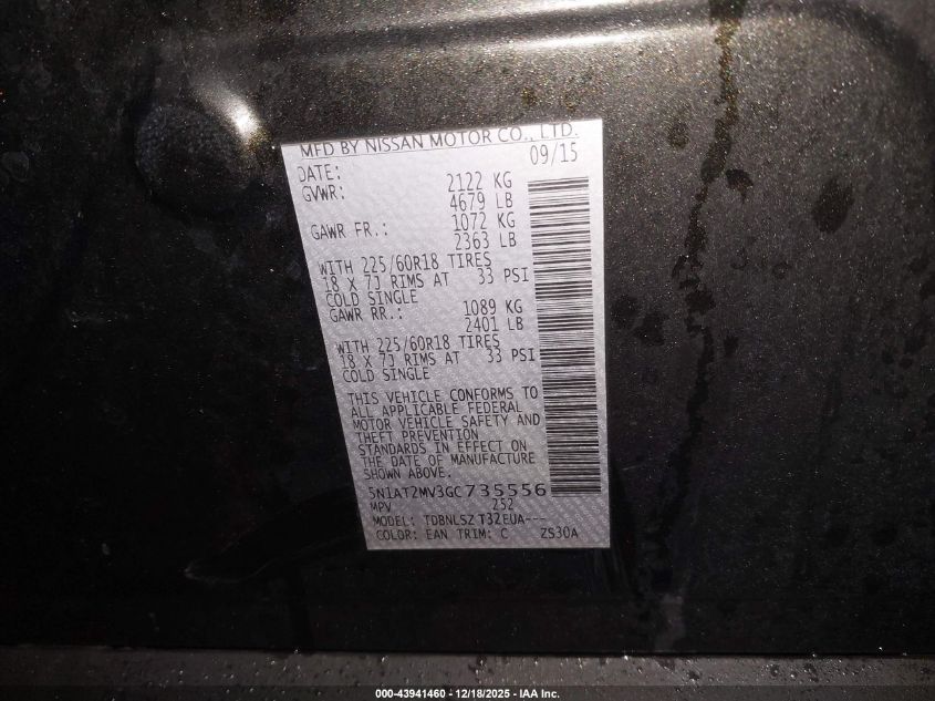 2016 Nissan Rogue Sl VIN: 5N1AT2MV3GC735556 Lot: 43941460