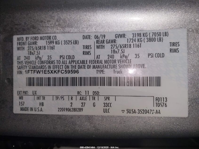 2019 Ford F-150 Lariat VIN: 1FTFW1E5XKFC59596 Lot: 43941464