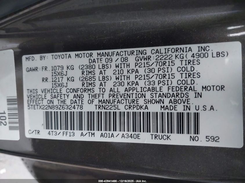 2009 Toyota Tacoma VIN: 5TETX22N89Z632478 Lot: 43941466