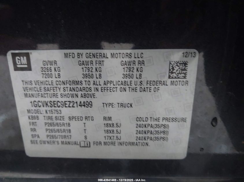 2014 Chevrolet Silverado 1500 2Lz VIN: 1GCVKSEC9EZ214499 Lot: 43941469