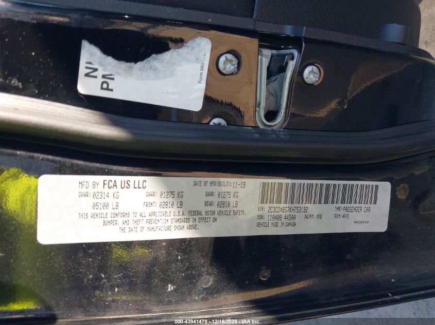 2019 Dodge Charger Sxt Rwd VIN: 2C3CDXBG7KH753192 Lot: 43941479