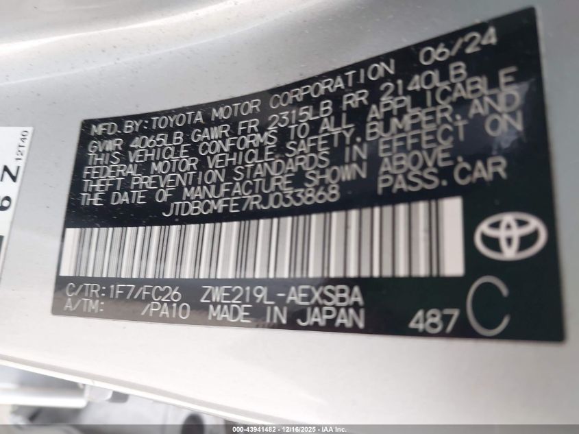 2024 Toyota Corolla Hybrid Se VIN: JTDBCMFE7RJ033868 Lot: 43941482