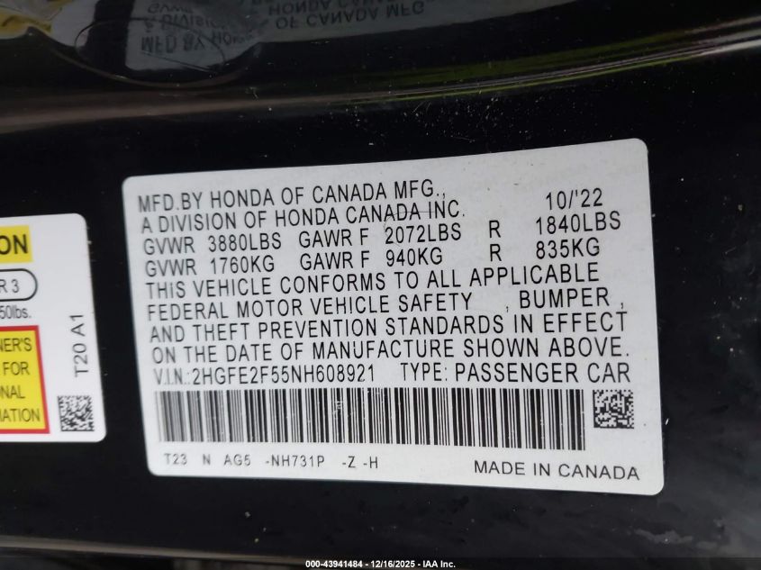 2022 Honda Civic Sport VIN: 2HGFE2F55NH608921 Lot: 43941484