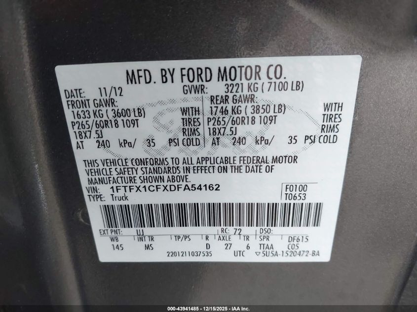 2013 Ford F-150 Xlt VIN: 1FTFX1CFXDFA54162 Lot: 43941485