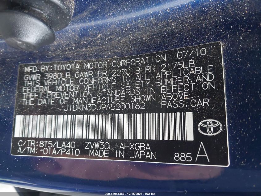 2010 Toyota Prius V VIN: JTDKN3DU9A5200162 Lot: 43941487