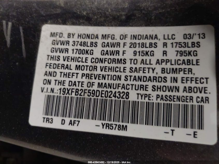 2013 Honda Civic Lx VIN: 19XFB2F59DE024328 Lot: 43941492