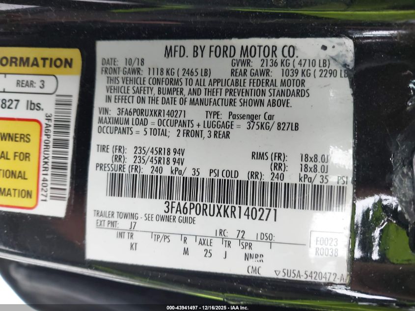 2018 Ford Fusion Se VIN: 3FA6P0HD9JR146966 Lot: 43941497