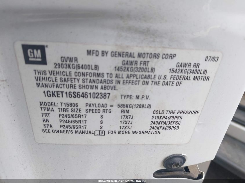 2004 GMC Envoy Xl Slt VIN: 1GKET16S646102387 Lot: 43941498