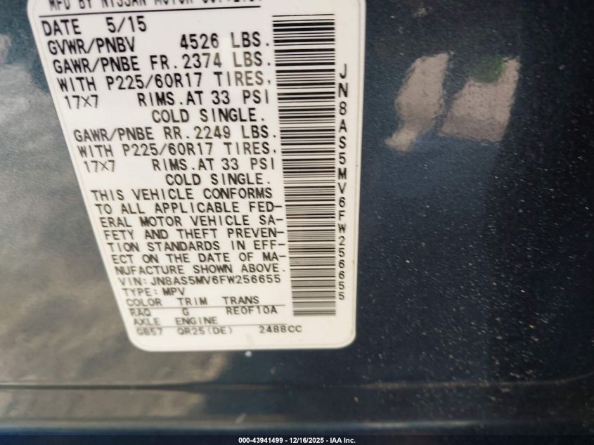 2015 Nissan Rogue Select S VIN: JN8AS5MV6FW256655 Lot: 43941499