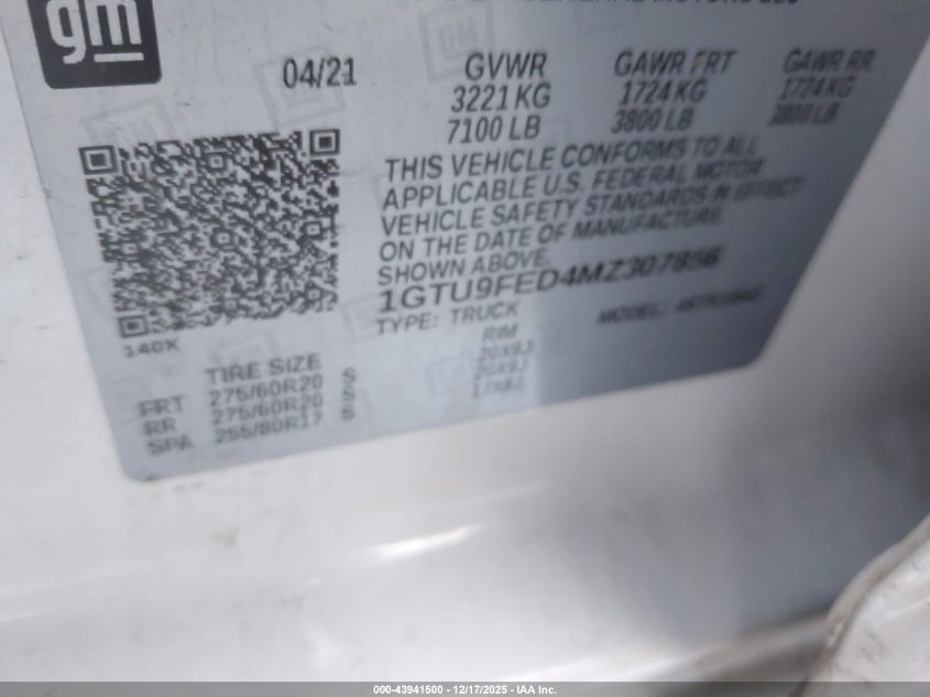2021 GMC Sierra 1500 4Wd Short Box Denali VIN: 1GTU9FED4MZ307856 Lot: 43941500
