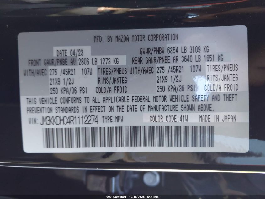 2024 Mazda Cx-90 3.3 Turbo S Premium VIN: JM3KKDHC4R1112274 Lot: 43941501