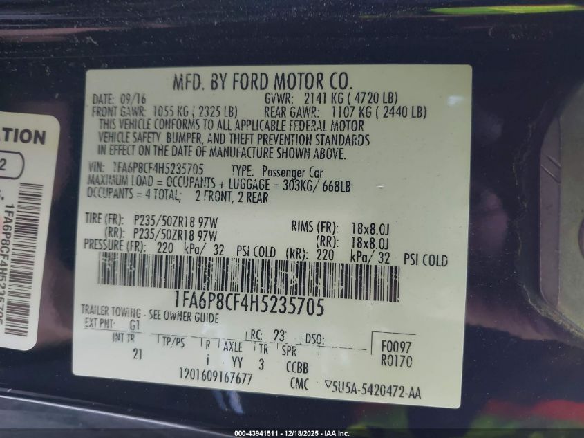 2017 Ford Mustang Gt VIN: 1FA6P8CF4H5235705 Lot: 43941511