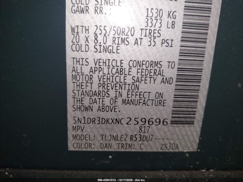 2022 Nissan Pathfinder Platinum 4Wd VIN: 5N1DR3DKXNC259696 Lot: 43941512