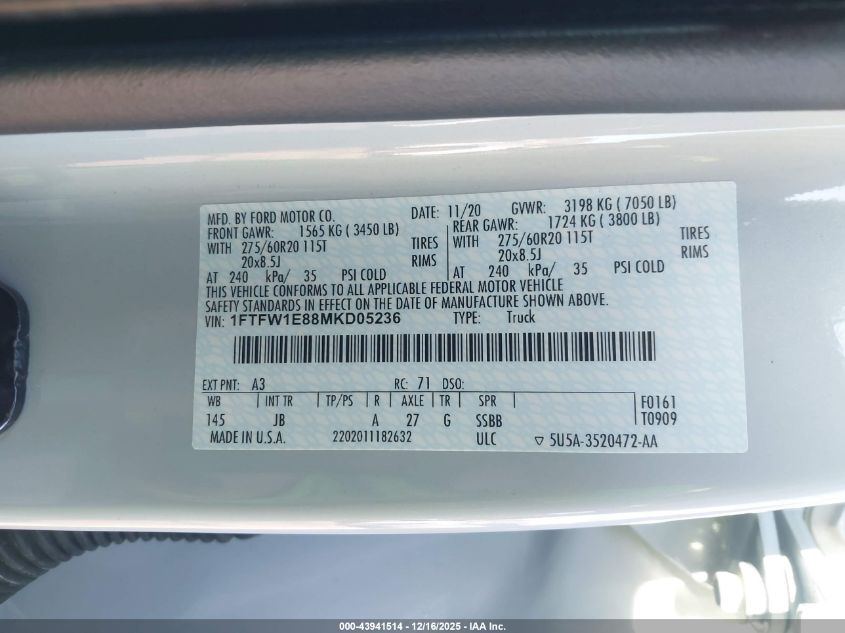 2021 Ford F-150 Xl VIN: 1FTFW1E88MKD05236 Lot: 43941514