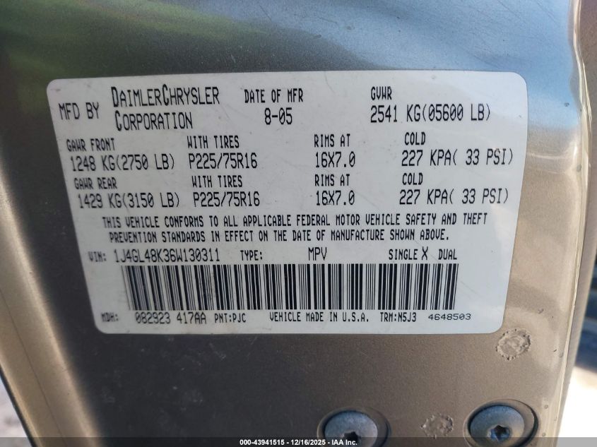 2006 Jeep Liberty Sport VIN: 1J4GL48K36W130311 Lot: 43941515