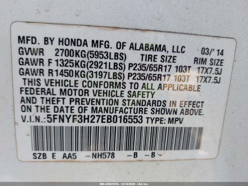 2014 Honda Pilot Lx VIN: 5FNYF3H27EB016553 Lot: 43941516