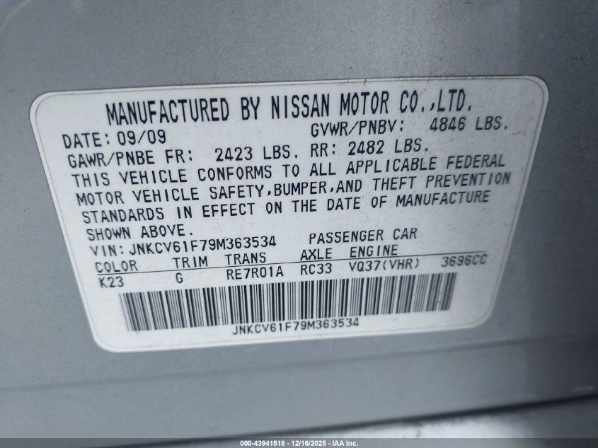 2009 Infiniti G37X VIN: JNKCV61F79M363534 Lot: 43941518