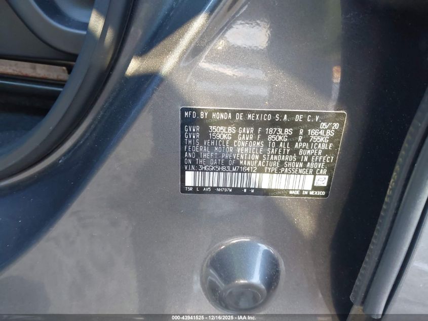 2020 Honda Fit Ex VIN: 3HGGK5H83LM716412 Lot: 43941525