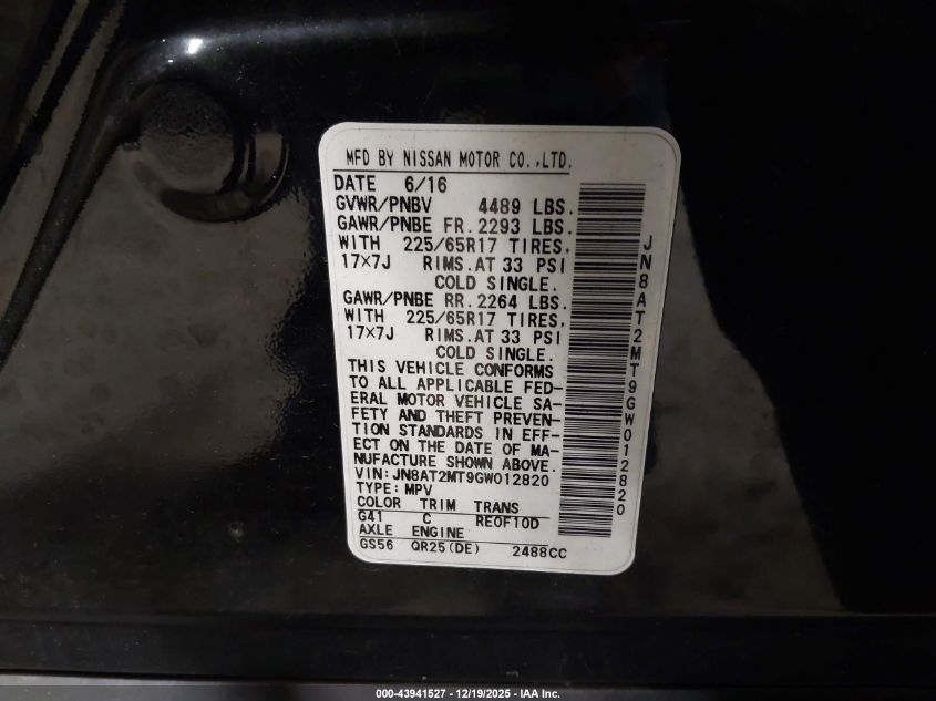 2016 Nissan Rogue Sv VIN: JN8AT2MT9GW012820 Lot: 43941527