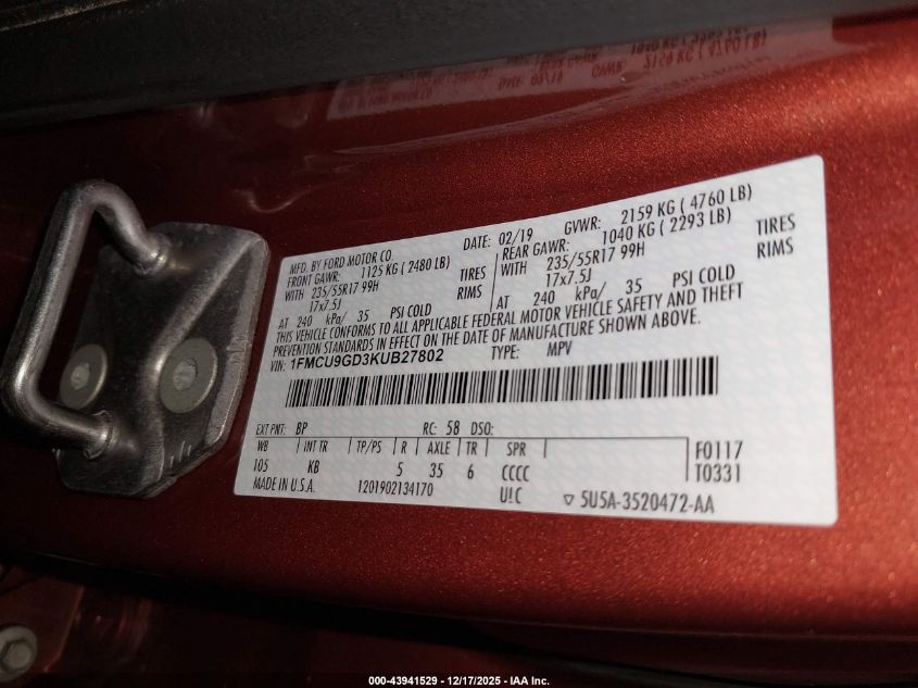 2019 Ford Escape Se VIN: 1FMCU9GD3KUB27802 Lot: 43941529