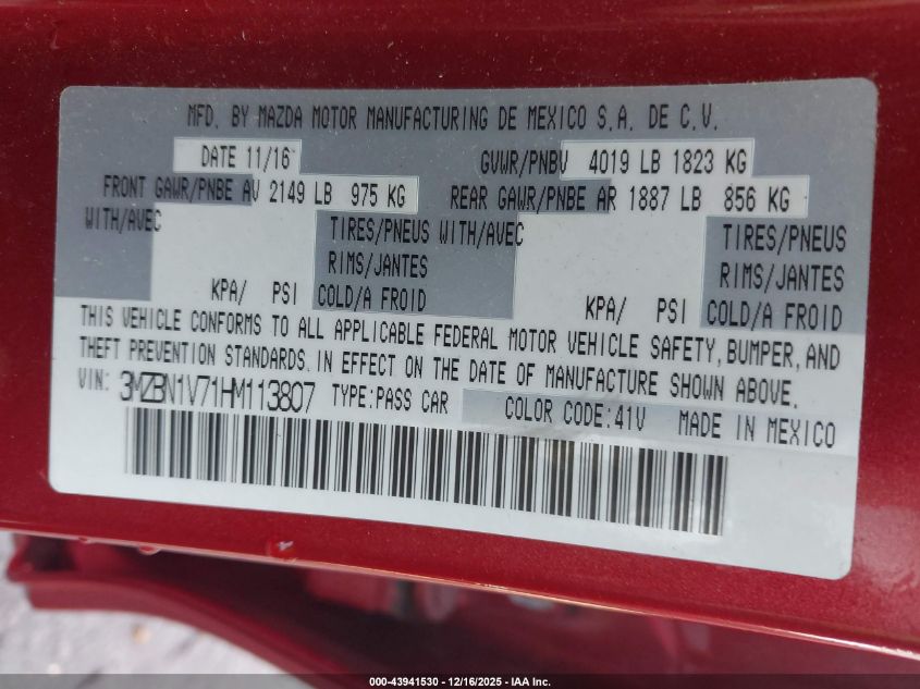 2017 Mazda Mazda3 Touring VIN: 3MZBN1V71HM113807 Lot: 43941530