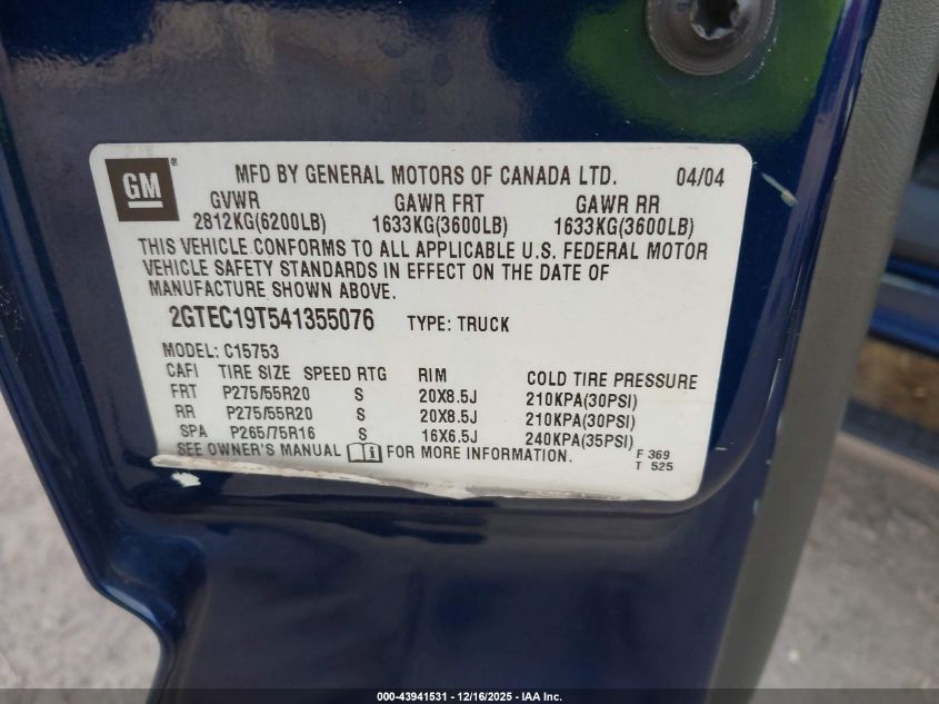 2004 GMC Sierra 1500 Sle VIN: 2GTEC19T541355076 Lot: 43941531