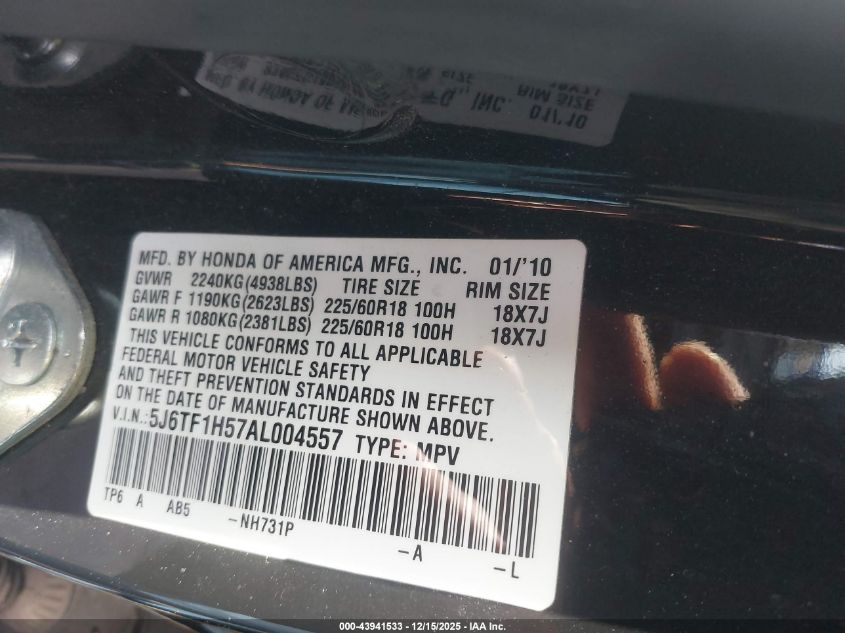 2010 Honda Accord Crosstour Ex-L VIN: 5J6TF1H57AL004557 Lot: 43941533