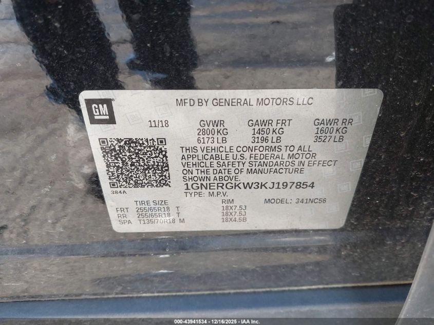 2019 Chevrolet Traverse 1Lt VIN: 1GNERGKW3KJ197854 Lot: 43941534