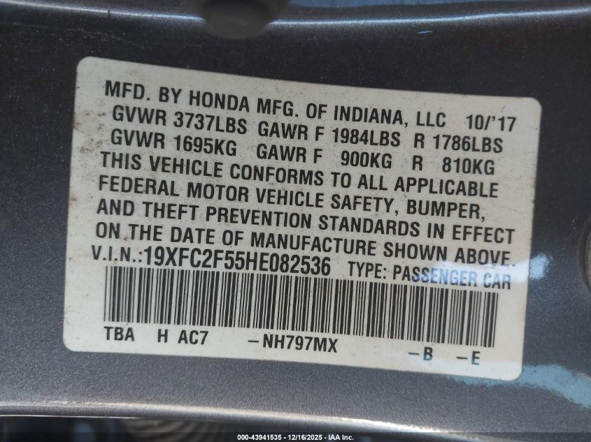 2017 Honda Civic Lx VIN: 19XFC2F55HE082536 Lot: 43941535