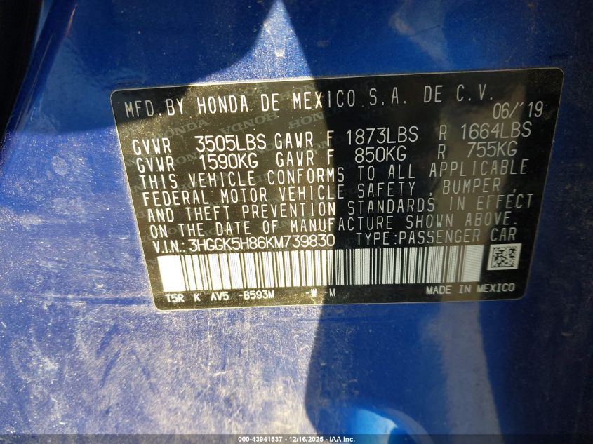 2019 Honda Fit Ex VIN: 3HGGK5H86KM739830 Lot: 43941537