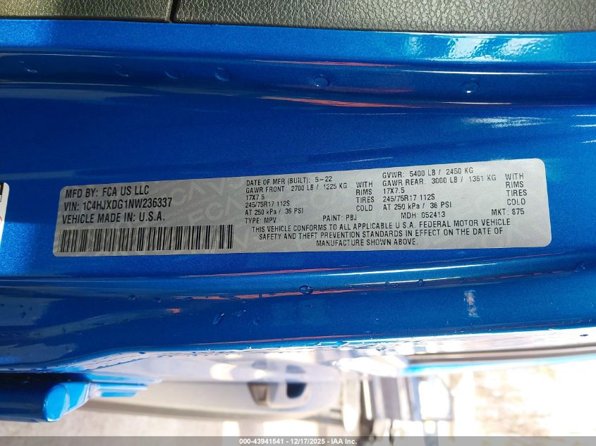 2022 Jeep Wrangler Unlimited Sport S 4X4 VIN: 1C4HJXDG1NW236337 Lot: 43941541