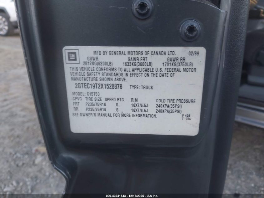1999 GMC Sierra 1500 Sle VIN: 2GTEC19T2X1528878 Lot: 43941543