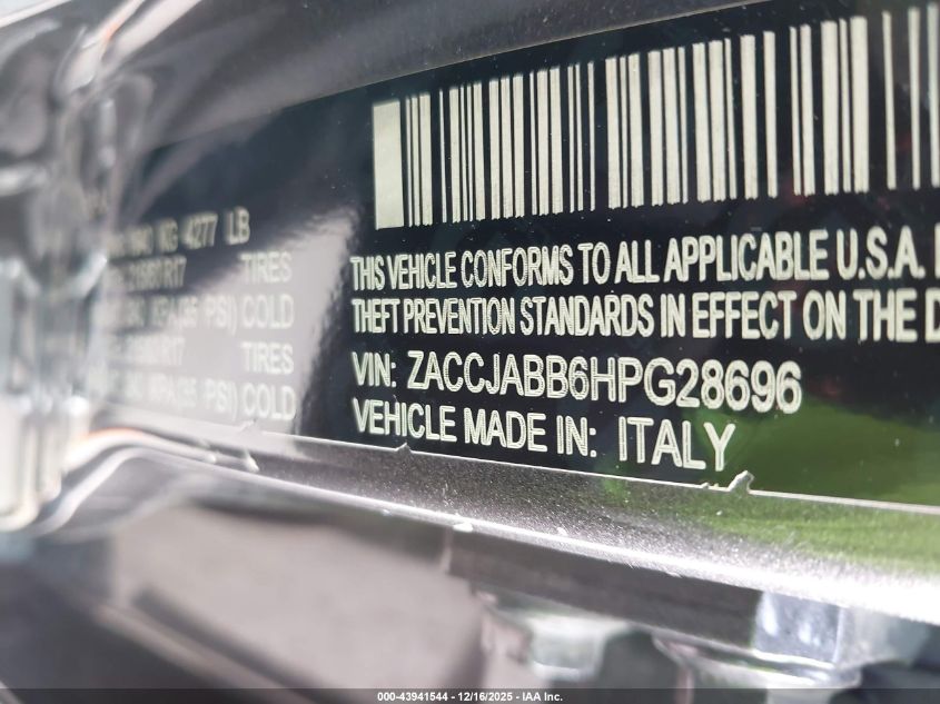 2017 Jeep Renegade Latitude Fwd VIN: ZACCJABB6HPG28696 Lot: 43941544