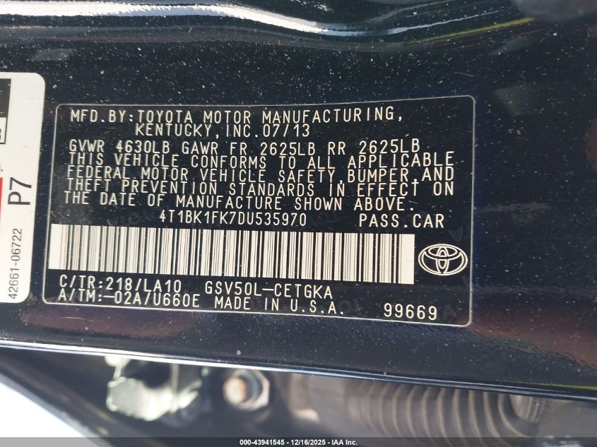 2013 Toyota Camry Xle V6 VIN: 4T1BK1FK7DU535970 Lot: 43941545