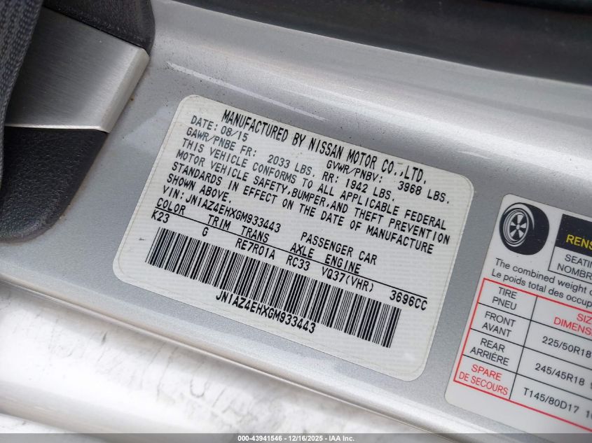 2016 Nissan 370Z Nismo/Nismo Tech/Sport/Sport Tech/Touring VIN: JN1AZ4EHXGM933443 Lot: 43941546