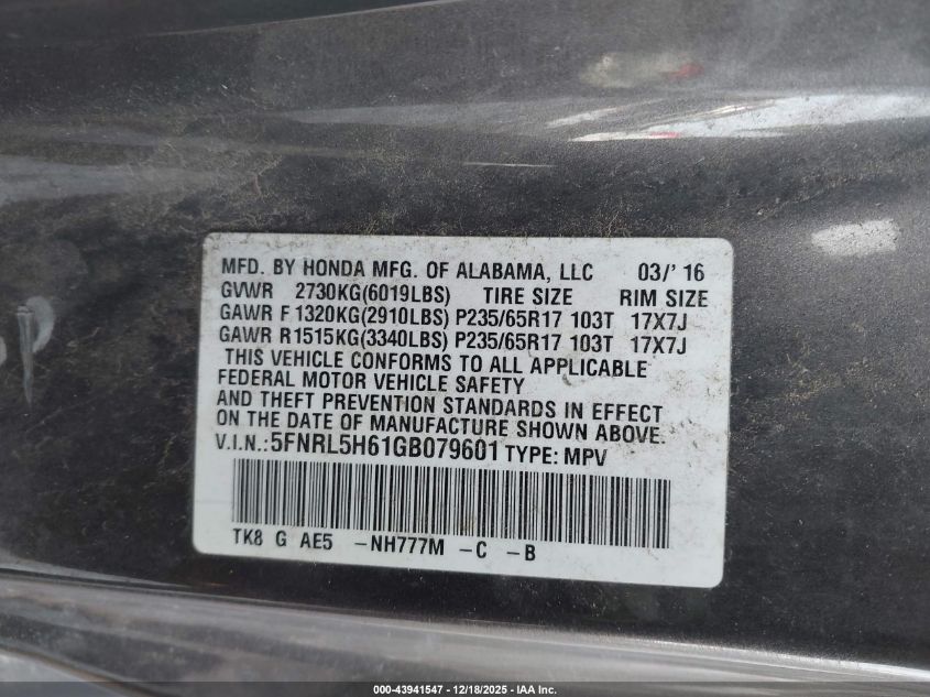 2016 Honda Odyssey Ex-L VIN: 5FNRL5H61GB079601 Lot: 43941547