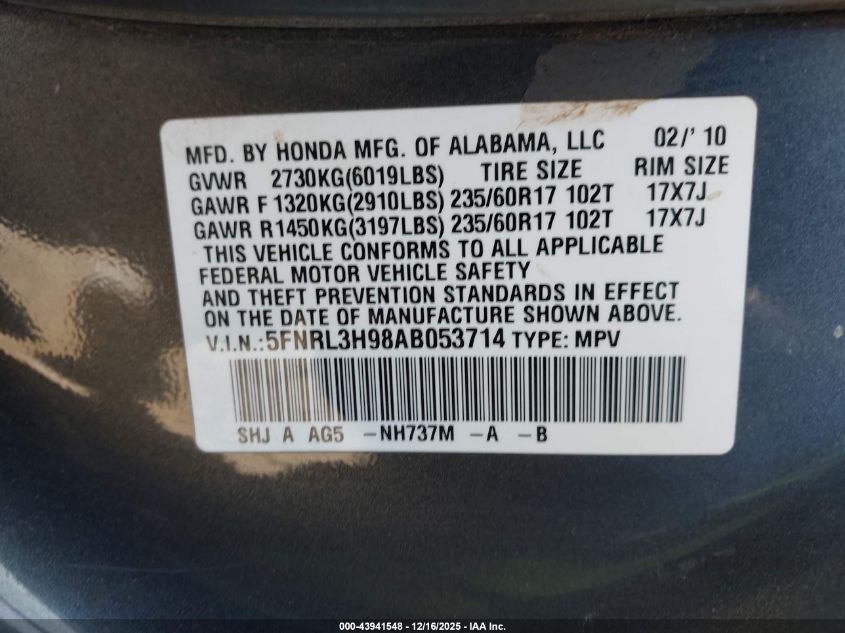 2010 Honda Odyssey Touring VIN: 5FNRL3H98AB053714 Lot: 43941548