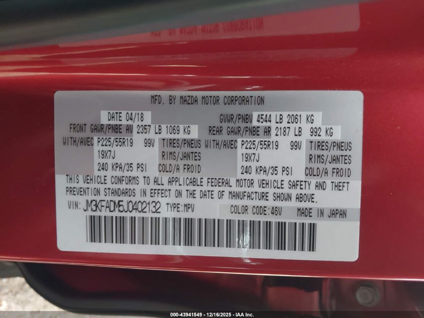 2018 Mazda Cx-5 Grand Touring VIN: JM3KFADM5J0402132 Lot: 43941549