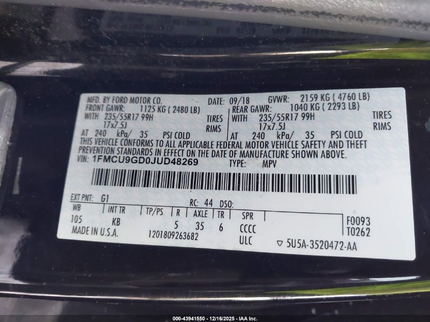 2018 Ford Escape Se VIN: 1FMCU9GD0JUD48269 Lot: 43941550