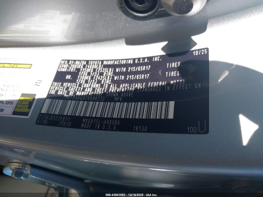 2026 Toyota Corolla Cross Hybrid Se VIN: 7MUFBABG9TV098232 Lot: 43941553