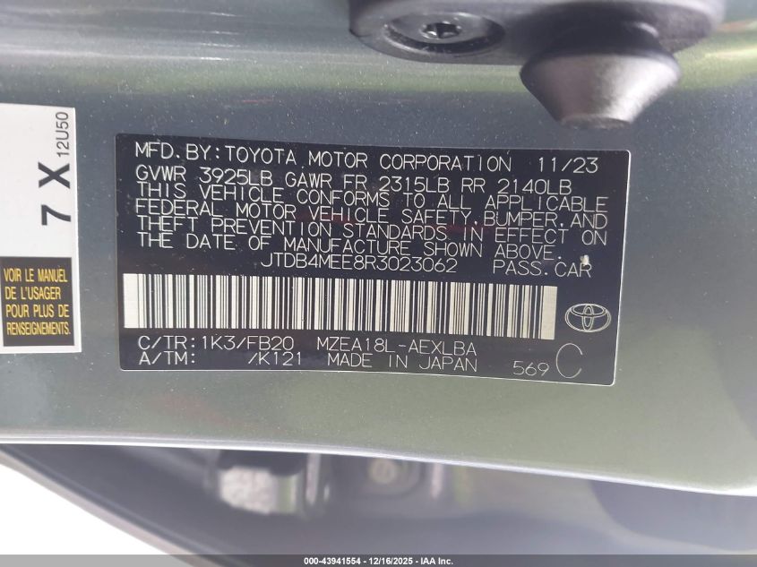 2024 Toyota Corolla Le VIN: JTDB4MEE8R3023062 Lot: 43941554