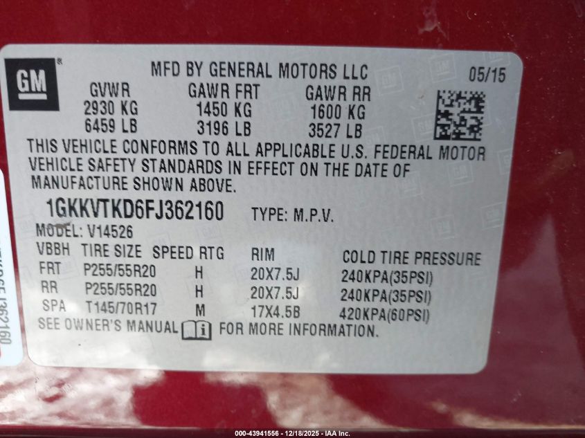 2015 GMC Acadia Denali VIN: 1GKKVTKD6FJ362160 Lot: 43941556