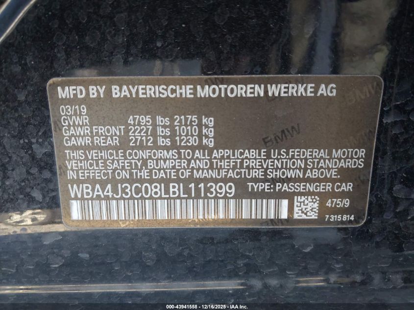 2020 BMW 430I Gran Coupe xDrive VIN: WBA4J3C08LBL11399 Lot: 43941558