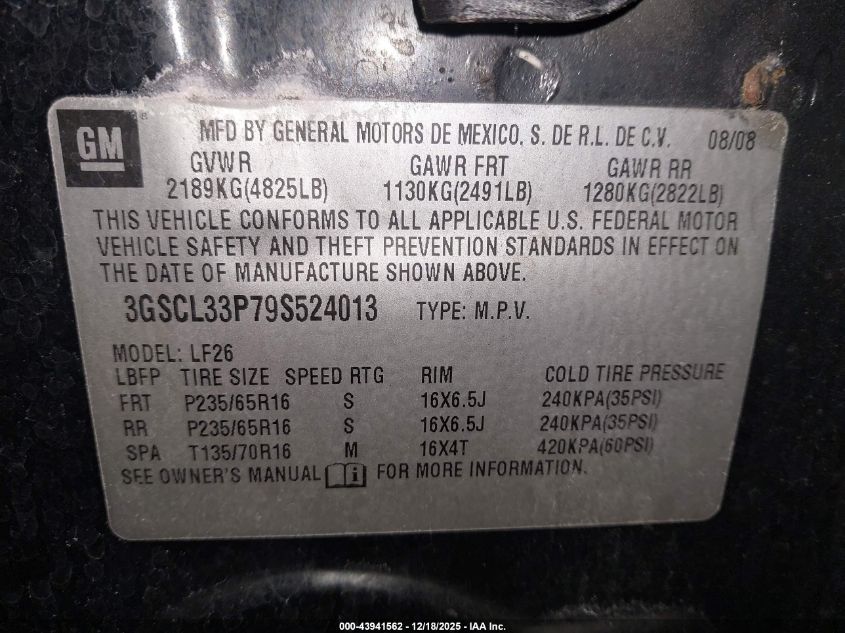 2009 Saturn Vue 4-Cyl Xe VIN: 3GSCL33P79S524013 Lot: 43941562